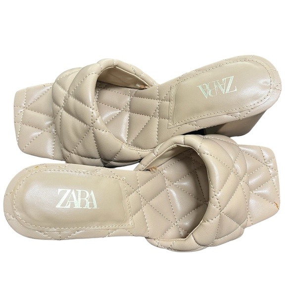 Zara Tan/Beige Faux Quilted Leather Square Open Toe Block Heels Size 37/US Sz 7 - Picture 8 of 9